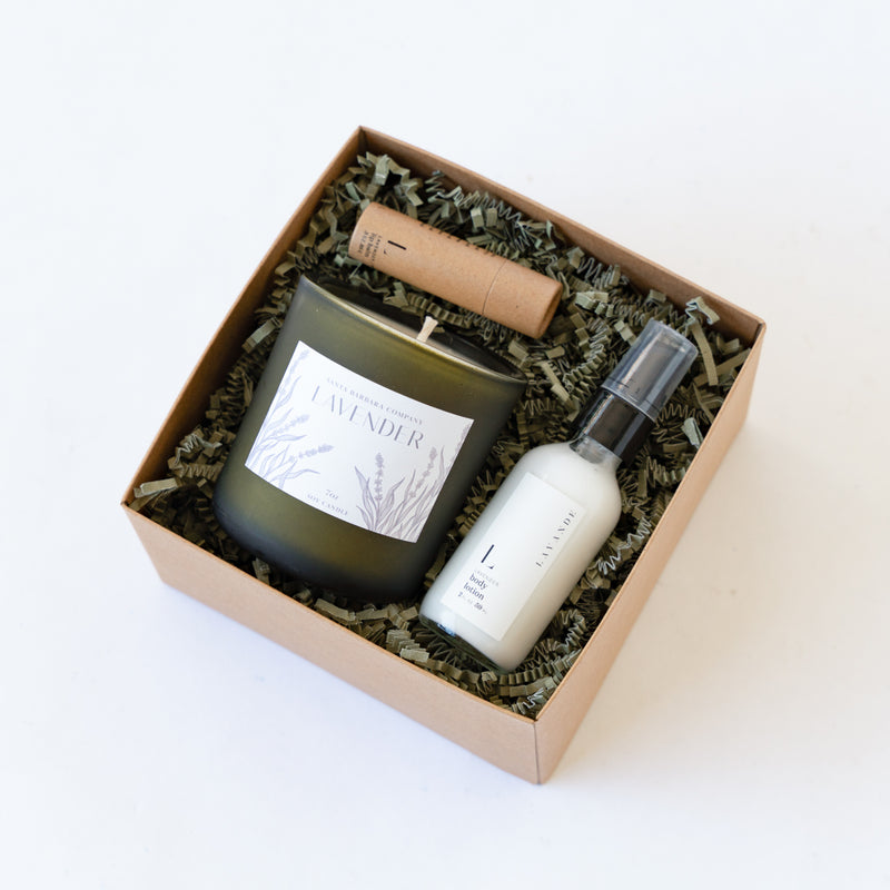 Brown small gift box containing lavender spa and home essentials