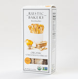 Box of Everything Spice Sourdough Flatbread Crackers, featuring images of flatbread sticks, onion, garlic on the front, with certification logos and nutrition facts on the side.