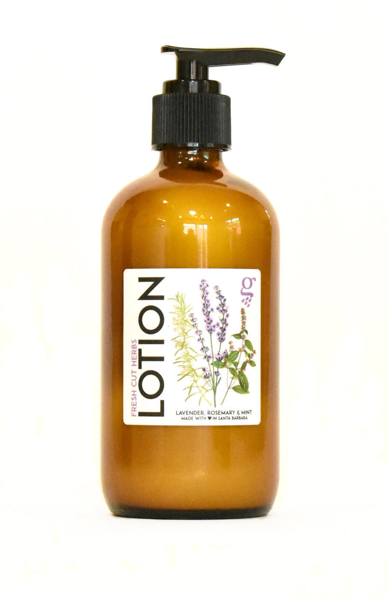 Amber glass bottle of lotion with pump top.
