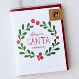 The From Santa (Barbara) Christmas Note Cards feature a wreath of green leaves and berries around "SANTA Barbara" in red script, packaged in clear plastic with a brown seal at the top right corner.