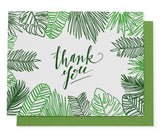 Green Leaf Thank You Cards feature elegant script surrounded by tropical leaf designs and come with matching green envelopes—ideal as blank greeting cards for heartfelt messages or thoughtful gift notes.