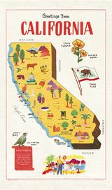 The Greetings from California State Tea Towel features colorful illustrations of landmarks, cities, the golden poppy, quail, state flag, and regional highlights—perfect as a vibrant cotton kitchen towel for any California lover.