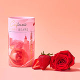 California gummy bears photographed with strawberry and rose