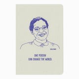 The Inspiring Woman Notebook features a minimalist sketch of Rosa Parks centered on a cream background, with her quote “One person can change the world.” and her name in small text to the right of the portrait.