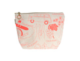 The Large California Pouch is a cream cotton canvas bag made in the USA, featuring red illustrations—van, palm trees, grapes, peace sign, surfboard, and missions—with "California" on the front.