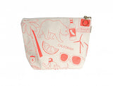 The Large California Pouch is a white cotton canvas pouch with red line drawings of California icons—bear, palm tree, sunglasses, wine bottle, lemon slice, "California," and a highway sign. Proudly made in the USA.