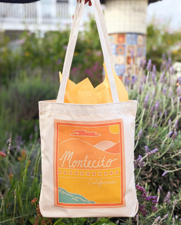 Montecito Canvas Tote in garden setting 