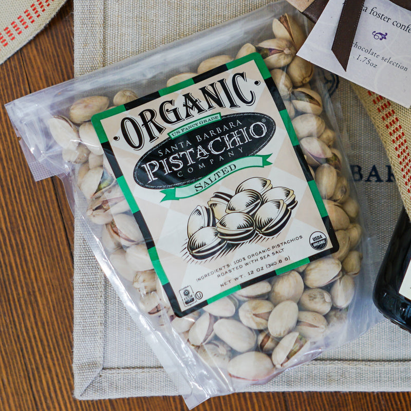 bag of Santa Barbara Organic Pistachios Salted displayed
