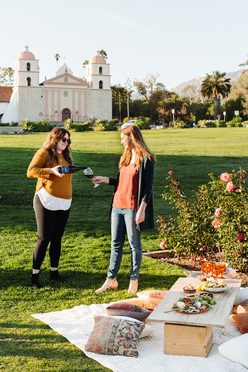 Alma Rosa Sta Rita Hills Pinot Noir enjoyed at the Mission Rose Garden in Santa Barbara