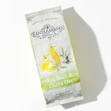 Sea Salt & Olive Oil Santa Barbara Popcorn is artisan popcorn made with California-grown corn. The light gray package shows illustrations of corn, olives, and an olive oil bottle.