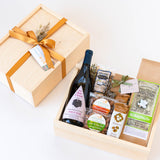 ABUNDANT WINE GIFT BOX open box and closed wooden box with ribbon