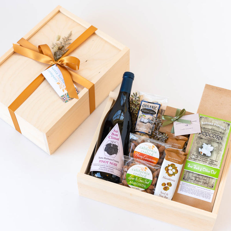 ABUNDANT WINE GIFT BOX open box and closed wooden box with ribbon