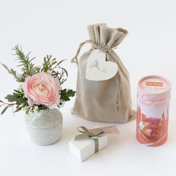 Love Bud Vase bundle with locally grown flower stem, chocolate truffles and gummy bears in a linen pouch