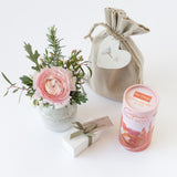 Love Bud Vase bundle with locally grown flower stem, chocolate truffles and gummy bears in a linen pouch