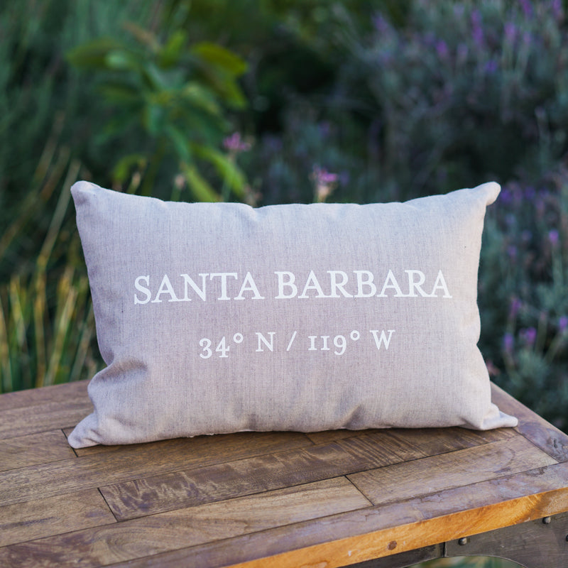 Santa Barbara Latitude / Longitude Pillow in Light Grey