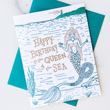 Happy Birthday to the Queen of the Sea card with mermaid design; includes a blue envelope.