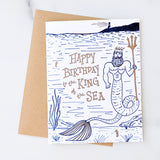 Happy Birthday to the King of the Sea card—letterpressed with a merman king, perfect for unique birthday wishes.