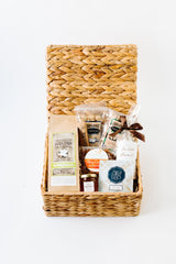 SANTA BARBARA ARTISAN TREATS GIFT BASKET in water hyacinth basket with lid