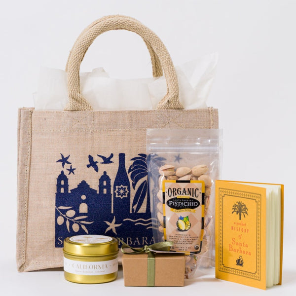 Santa Barbara skyline tote paired with local pistachios, soy candle, chocolate truffles and Sb Pocket History